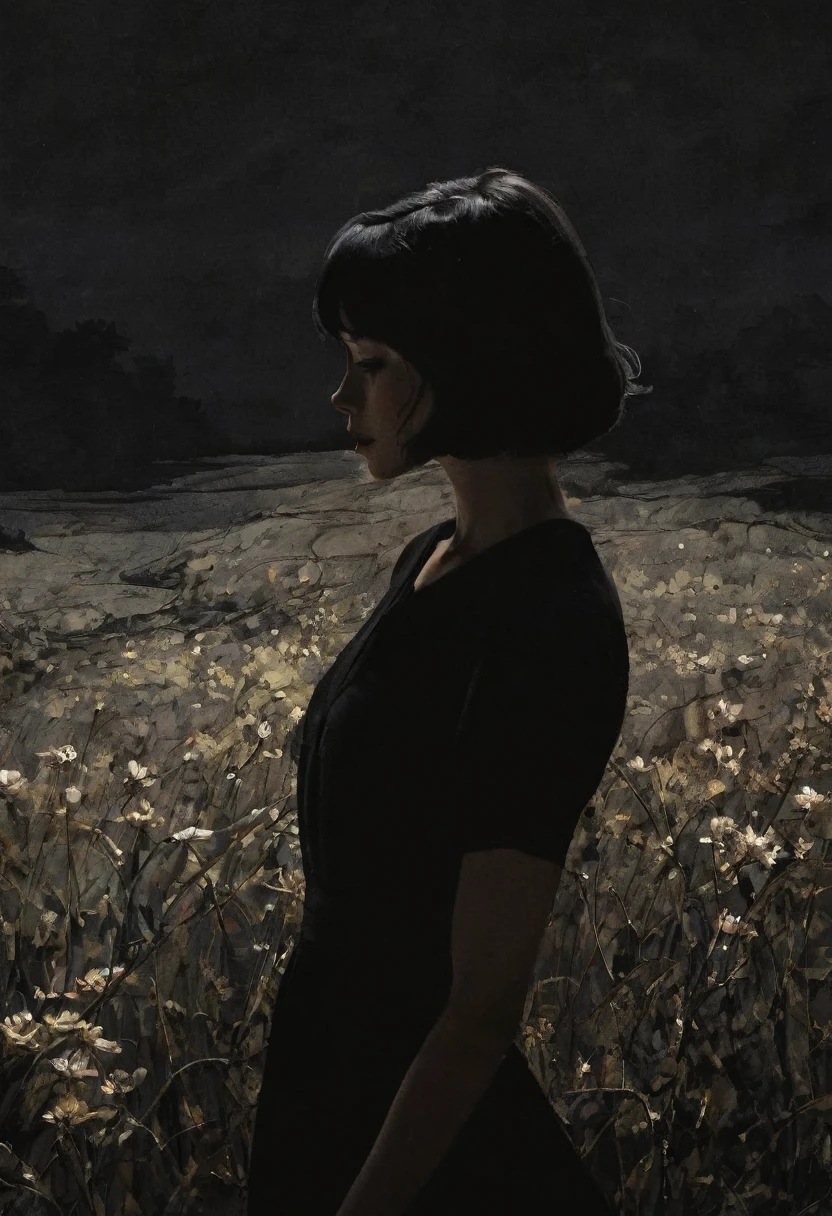 Ceci est Andrew Wyeth - L'art d'Andrew Wyeth - avec une palette florale sourdine et une technique de pinceau sec qui crée une sensation de calme.(animation. animé, 1 fille, lèvres détaillées, Robe noire, coutume, (fond monochrome sombre), Cheveux néon, Recadrage texturé, chef-d&#39;œuvre , style rétro classique, dark noir, art, Carnet de croquis, (cheveux noirs de Bob 1.75 néon 1.32), femmes méchantes 1 un croissant, nuit, Fond de conte de fées) (minimalisme: 1) . Anatomie corporelle parfaite.
