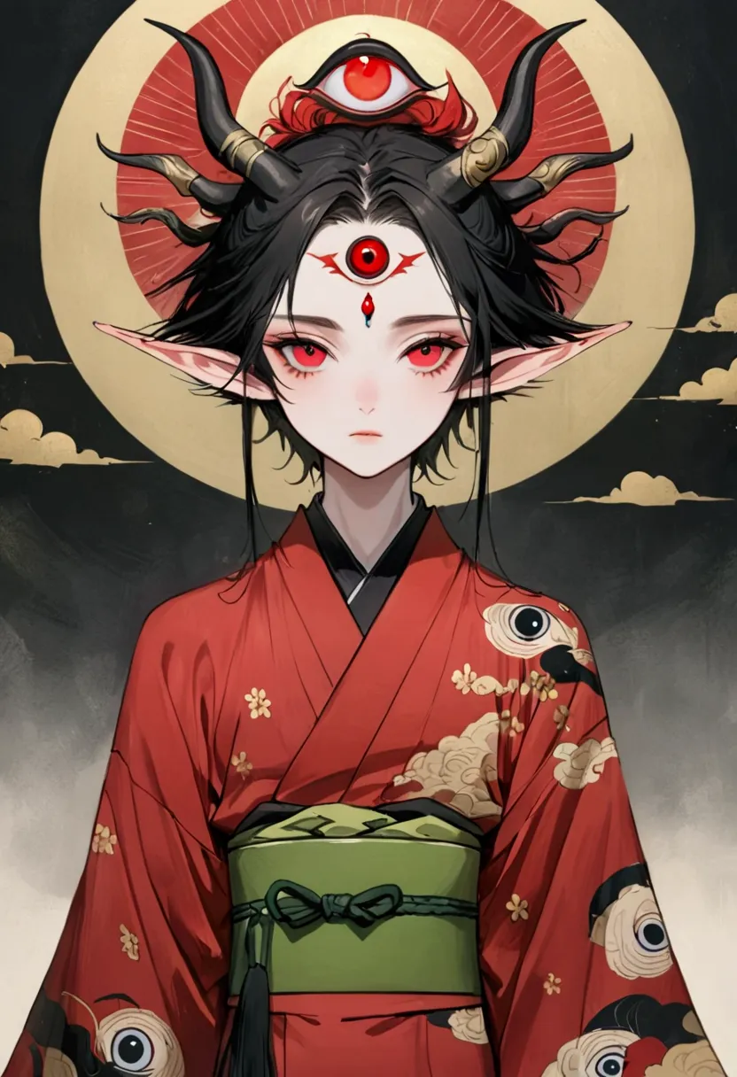 art illustration，dark style，(((1 boy，独奏，third eye on the forehead，elf ears))),(((gorgeous japanese red kimono：1.6，eye diagram，da...