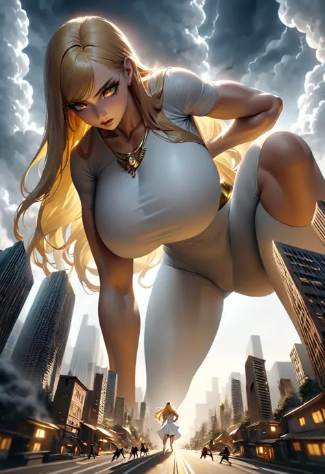 giantess, white tight greek goddess clothing, gold high heels, toned and athletic, massive strength, really big breasts, gold ey...