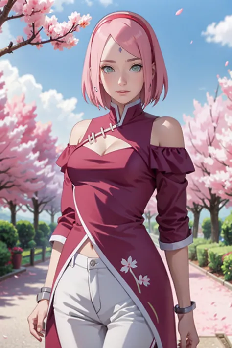 tmasterpiece， Best quality at best， 1girll， Sakura Haruno， Large breasts，Off-the-shoulder attire，（cleavage)，（upperbody closeup)，...