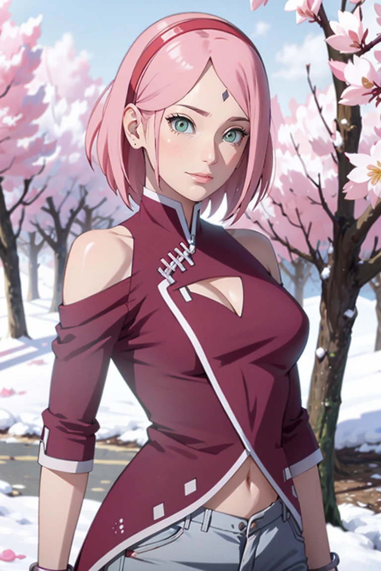 tmasterpiece， Best quality at best， 1girll， Sakura Haruno， Large breasts，Off-the-shoulder attire，（cleavage)，（upperbody closeup)，Raised sexy，is shy，ssmile，with pink hair，short hair， （Green eyeballs:1.4)， Forehead protection， the cherry trees，Cherry blossoms flying，Red clothes，Zipper half, white pant