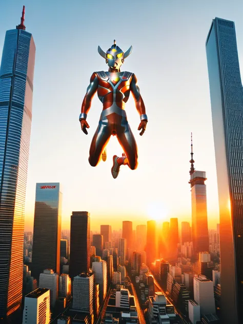 a large, flat ufo flies over the skyscrapers of tokyo at sunset. ultraman taro is hanging dead from a rope lowered from the bott...