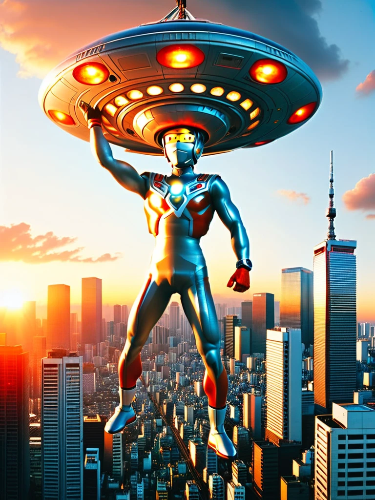 A large, flat UFO flies over the skyscrapers of Tokyo at sunset. Ultraman Taro is hanging dead from a rope lowered from the bottom. His head is tilted, he is urinating, drooling, his eyes are black, and he is dead. His body is hanging limply and thin.