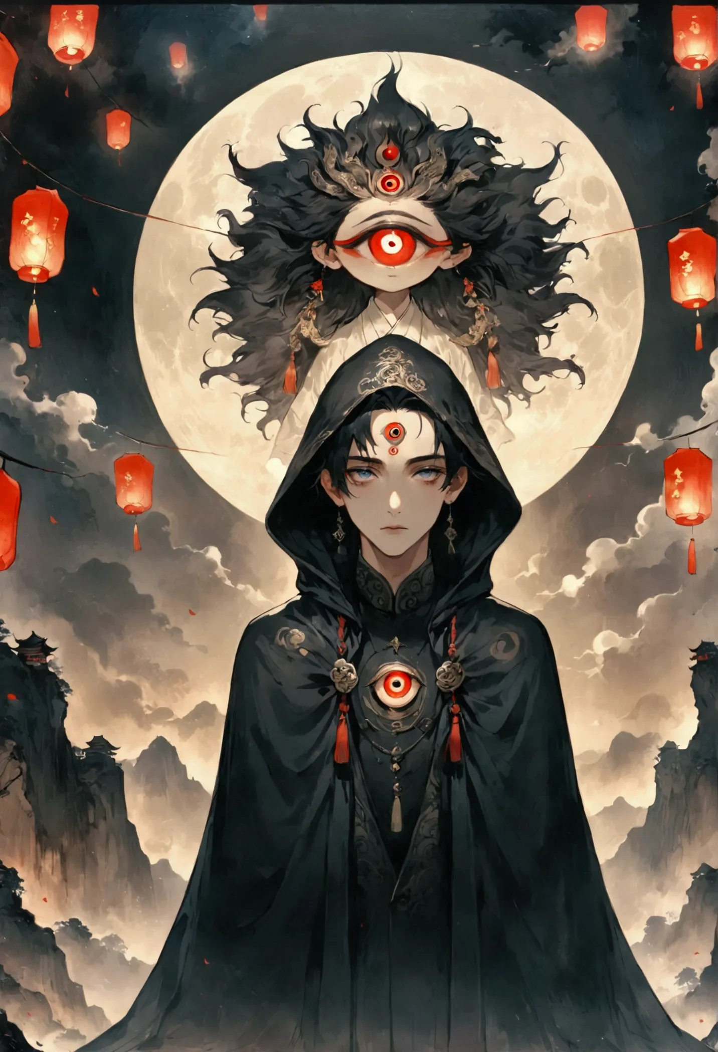 art illustration，dark style，(((1 boy，独奏，third eye on the forehead，))),(((hooded cape：1.6，eye diagram，dark pattern))).whole body，...