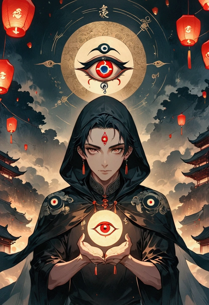 Art Illustration，Dark Style，(((1 Boy，独奏，third eye on the forehead，))),(((Hooded Cape：1.6，Eye Diagram，Dark Pattern))).whole body，Paper lanterns in the sky，Kongming Lantern，Death Stare。，moonlight