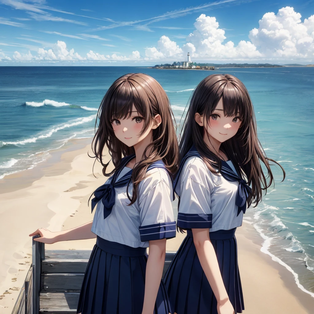 ((最high quality, 8k, masterpiece: 1.3, Ultra HD, high quality, 最high quality, High resolution, realism)) 、Very beautiful 18 year old Japan 、I'm wearing a sailor suit、Wearing a navy blue pleated skirt、Wear loafers、Hair color is light brown、black eye、Medium Hair、Straight hair、smile、sit on a high breakwater on the beach、The blue sky is beautiful、There is a road in front of the breakwater....、The sea is beautiful、Beautiful horizon、 An island is visible offshore、Entering the clouds above the horizon、Island Lighthouse