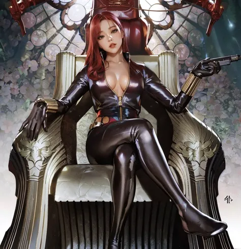 A digitally illustrated image shows an anime girl with red hair wearing a sleek skin-tight shiny black latex bodysuit with a dee...