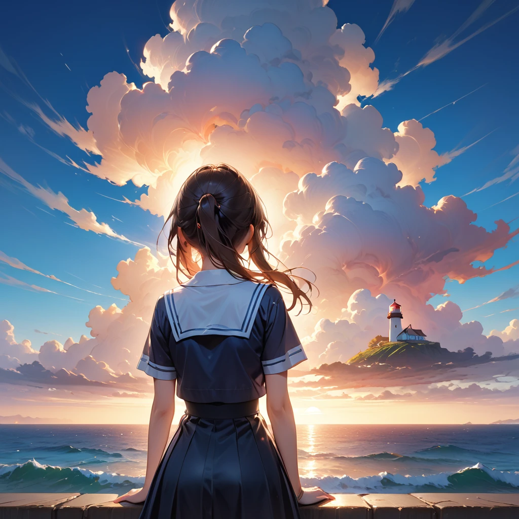 ((最high quality, 8k, masterpiece: 1.3, Ultra HD, high quality, 最high quality, High resolution, realism)) 、Very beautiful 18 year old Japan 、I'm wearing a sailor suit、Wearing a navy blue pleated skirt、Wear loafers、Hair color is light brown、black eye、Medium Hair、Straight hair、smile、sit on a high breakwater on the beach、The blue sky is beautiful、There is a road in front of the breakwater....、The sea is beautiful、Beautiful horizon、 An island is visible offshore、Entering the clouds above the horizon、Island Lighthouse