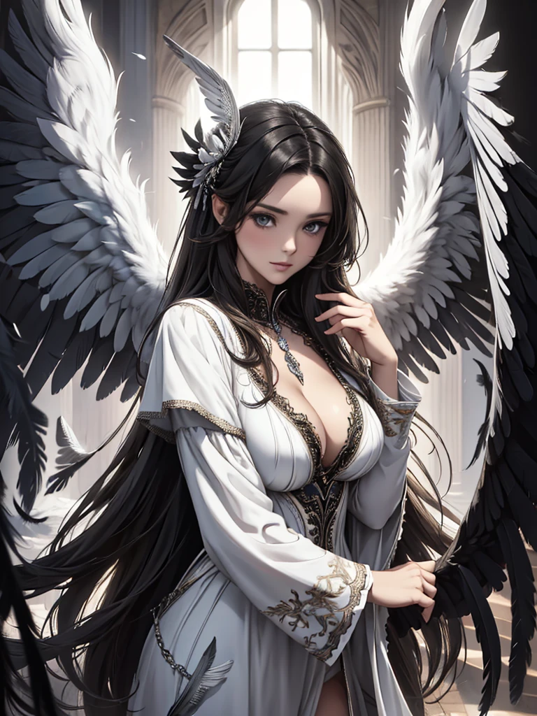 masterpiece, Angel Girl, Brunette with wings, White dress with feathers, Close-up portrait, Delicate face, Lots of black feathers, silver，Black Wings