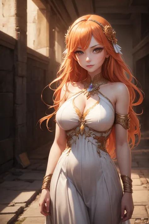 a woman with long orange hair, a beautiful white dress with intricate neckline, mysterious smile, ancient temple in ruins, dark ...