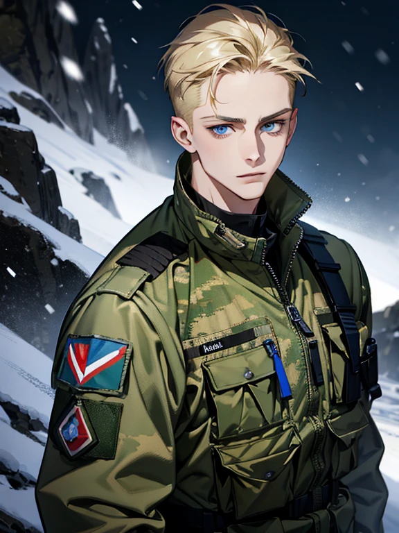 Masterpiece, high quality, Single male, beautiful face, masculine, portrait, pale skin, blue eyes, piercing eyes, show forehead, camouflage uniform, camouflage pants, buzz cut blond hair, camouflage soldier's jacket, camouflage ratnik, soldart, no accessories, night-time, blue light, snow in background, Rich in color, close-up shot, bust photo, NO hands. Look at viewer.