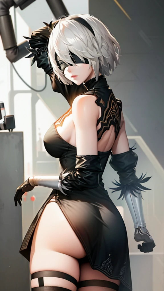 Nier automata, 2b, eyes covered, showing ass, half naked.(((Half naked))) cyberpunk background