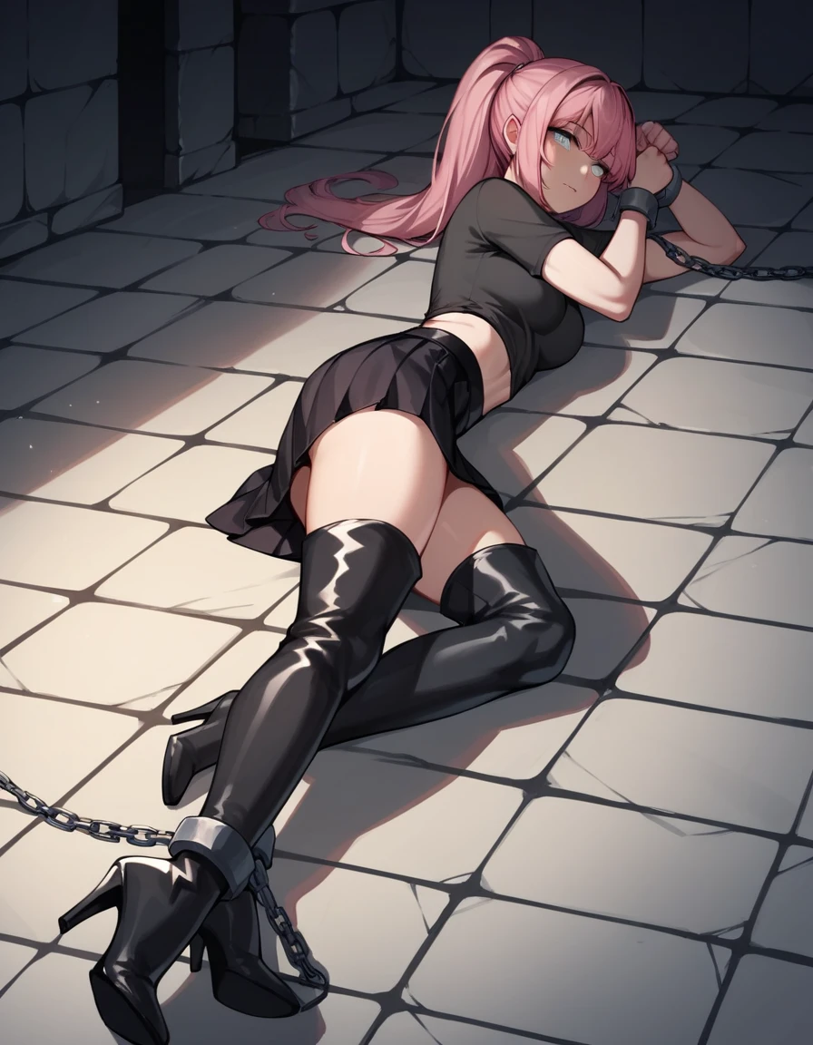 score_9, score_8_up, score_7_up, score_6_up, score_5_up, score_4_up, source_anime, 1woman, She was lying down, pink hair, ponytail, white eyes, w-w-chain, shackles, folding arms, clean hair, black shirt, skirts, thigh high boots, black boots, heels, night, floor, dungeon, best quality, best res, 4K UHD,
 