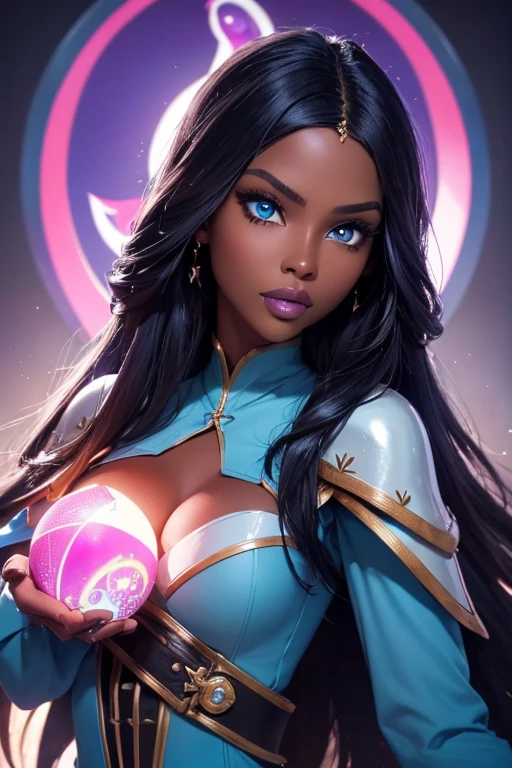 1girl, cute woman, ebony girl, dark skin, medieval fantasy, RPG, beautiful girl, soft face, bard, adult, cute girl, blue eyes, (black medium-long hair), lips, (colorful fantasy bard clothing), cyan and pink clothing, slim body, smaller , Masterpiece