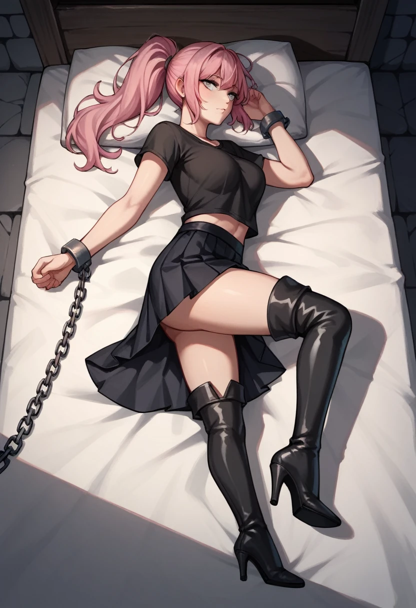 score_9, score_8_up, score_7_up, score_6_up, score_5_up, score_4_up, source_anime, 1woman, She was lying down, bed, pink hair, ponytail, white eyes, w-w-chain, shackles, folding arms, clean hair, black shirt, skirts, thigh high boots, black boots, heels, night, floor, dungeon, best quality, best res, 4K UHD,
 