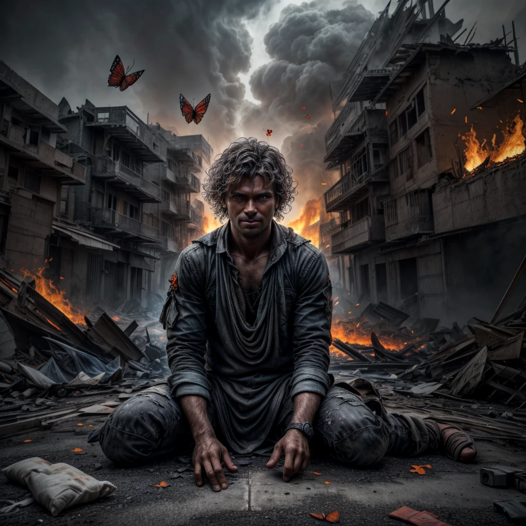 "Ultra-realistic depiction of a , sitting with sorrow, agony, ((dried eye drops, camera focused face)), messy and curl hair, dusty face and cloth,(( a destructed city in background, fire, human corpse on ground, some people are crying, destroyed building)), a fly sits on her forefinger, (((he is looking at the butterfly and a little bit smile))), hyper detailed, dynamic color, black and gray shade, super emotional picture, set against a hauntingly dark backdrop and surrounded by swirling dark smoke. The image should be in a captivating 16:9 format."