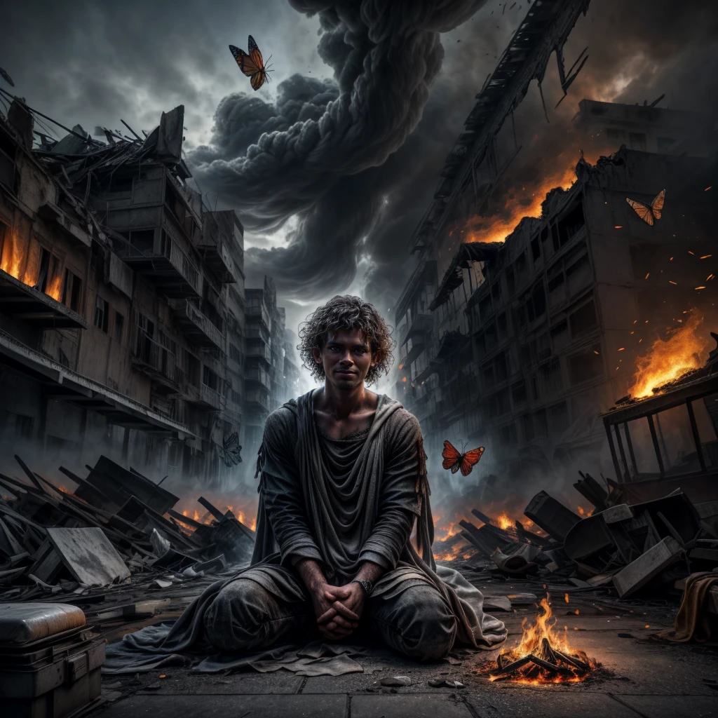 "Ultra-realistic depiction of a , sitting with sorrow, agony, ((dried eye drops, camera focused face)), messy and curl hair, dusty face and cloth,(( a destructed city in background, fire, human corpse on ground, some people are crying, destroyed building)), a fly sits on her forefinger, (((he is looking at the butterfly and a little bit smile))), hyper detailed, dynamic color, black and gray shade, super emotional picture, set against a hauntingly dark backdrop and surrounded by swirling dark smoke. The image should be in a captivating 16:9 format."