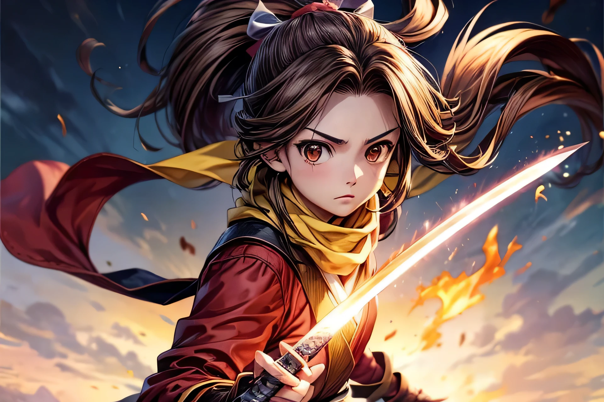 (masterpiece, best quality, ultra detailed), ((1girl)), brown hair, short katana, flame, action pause, Fujibayashi Suzu, (red clothes), 8yo, pony tail, long hair, yellow scarf, dynamic pause,(((skelton))), battle between girl and monster,