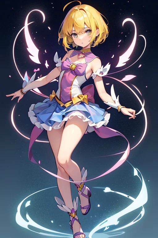 1 female,((Magical girl)),,clavicle, (Yellow Hair,short hair),Absurd,Expressionless, Hollow Eyes,Eyes glow purple, Small breasts, High Grade, Full body shape,  (Highest quality、4K、8k、High resolution、Must have:1.2)、Very detailed、(reality、that&#39;s reality的.、reality的:1.37)、Ticker、Hyper HD、Studio Lighting、Ultra High Definition Paint、Sharp focus、Physically Based Rendering、Extreme Detail、Professional specifications、Vibrancy and color、Blurred、Sports portrait、landscape、Horror Style、Anime Big 、sf、photograph、Concept Artist、Five Fingers, Perfect body,  {{{masterpiece}}}, {{{Highest quality}}}, {{Very detailed}}, {shape}, {{Very delicate and beautiful}},Promoting cost performance、All Roles、Canon 5D MK4でphotograph、Sprinkles、photograph,