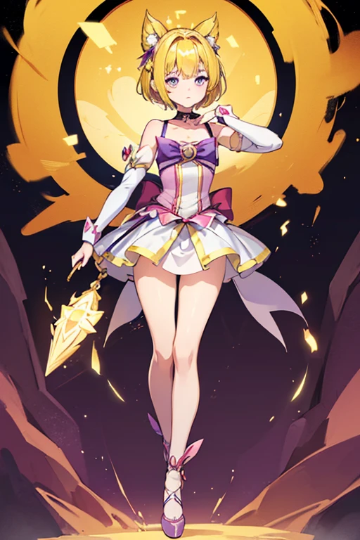 1 female,((Magical girl)),,clavicle, (Yellow Hair,short hair),Absurd,Expressionless, Hollow Eyes,Eyes glow purple, Small breasts, High Grade, Full body shape,  (Highest quality、4K、8k、High resolution、Must have:1.2)、Very detailed、(reality、that&#39;s reality的.、reality的:1.37)、Ticker、Hyper HD、Studio Lighting、Ultra High Definition Paint、Sharp focus、Physically Based Rendering、Extreme Detail、Professional specifications、Vibrancy and color、Blurred、Sports portrait、landscape、Horror Style、Anime Big 、sf、photograph、Concept Artist、Five Fingers, Perfect body,  {{{masterpiece}}}, {{{Highest quality}}}, {{Very detailed}}, {shape}, {{Very delicate and beautiful}},Promoting cost performance、All Roles、Canon 5D MK4でphotograph、Sprinkles、photograph,