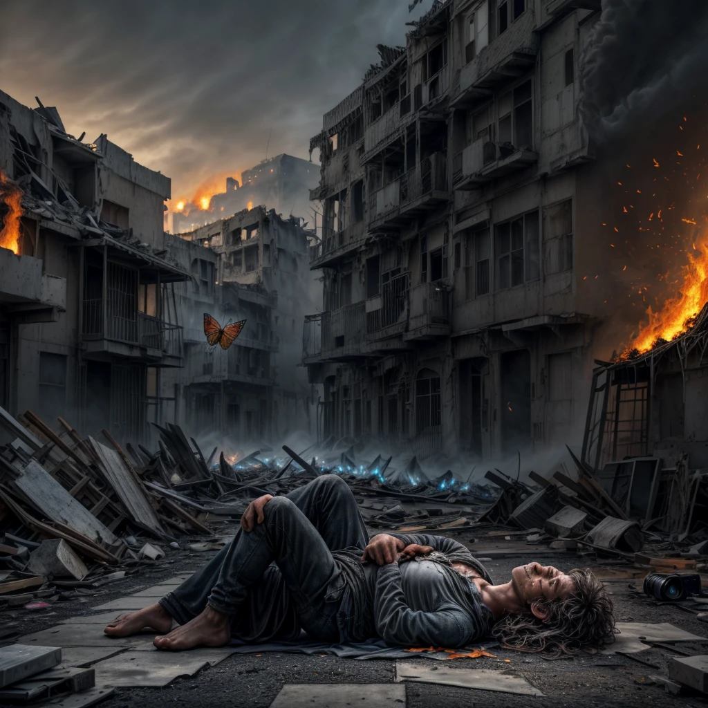 "Ultra-realistic depiction of a , sitting with sorrow, agony, ((dried eye drops, camera focused face)), messy and curl hair, dusty face and cloth,(( a destructed city in background, fire, human corpse on ground, some people are crying, destroyed building)), a fly sits on her forefinger, (((he is looking at the butterfly and a little bit smile))), hyper detailed, dynamic color, black and gray shade, super emotional picture, set against a hauntingly dark backdrop and surrounded by swirling dark smoke. The image should be in a captivating 16:9 format."