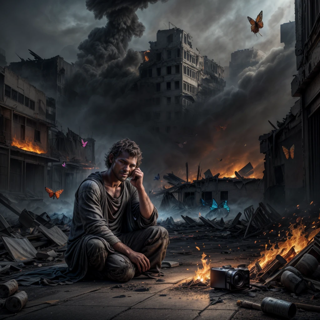 "Ultra-realistic depiction of a , sitting with sorrow, agony, ((dried eye drops, camera focused face)), messy and curl hair, dusty face and cloth,(( a destructed city in background, fire, human corpse on ground, some people are crying, destroyed building)), a fly sits on her forefinger, (((he is looking at the butterfly and a little bit smile))), hyper detailed, dynamic color, black and gray shade, super emotional picture, set against a hauntingly dark backdrop and surrounded by swirling dark smoke. The image should be in a captivating 16:9 format."