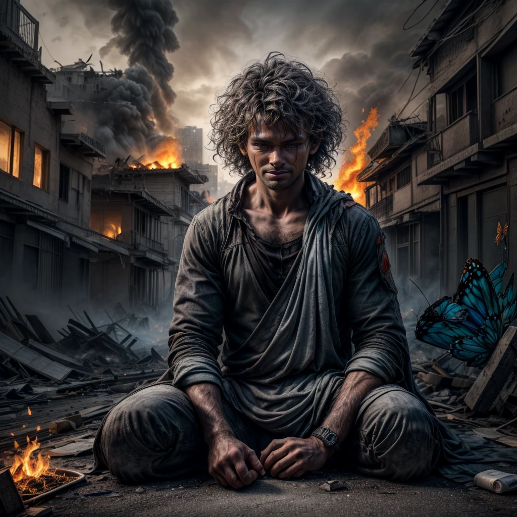 "Ultra-realistic depiction of a , sitting with sorrow, agony, ((dried eye drops, camera focused face)), messy and curl hair, dusty face and cloth,(( a destructed city in background, fire, human corpse on ground, some people are crying, destroyed building)), a fly sits on her forefinger, (((he is looking at the butterfly and a little bit smile))), hyper detailed, dynamic color, black and gray shade, super emotional picture, set against a hauntingly dark backdrop and surrounded by swirling dark smoke. The image should be in a captivating 16:9 format."