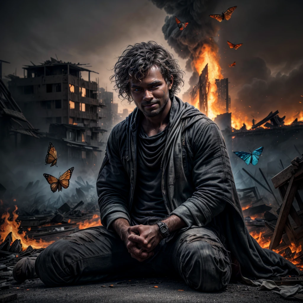 "Ultra-realistic depiction of a , sitting with sorrow, agony, ((dried eye drops, camera focused face)), messy and curl hair, dusty face and cloth,(( a destructed city in background, fire, human corpse on ground, some people are crying, destroyed building)), a fly sits on her forefinger, (((he is looking at the butterfly and a little bit smile))), hyper detailed, dynamic color, black and gray shade, super emotional picture, set against a hauntingly dark backdrop and surrounded by swirling dark smoke. The image should be in a captivating 16:9 format."