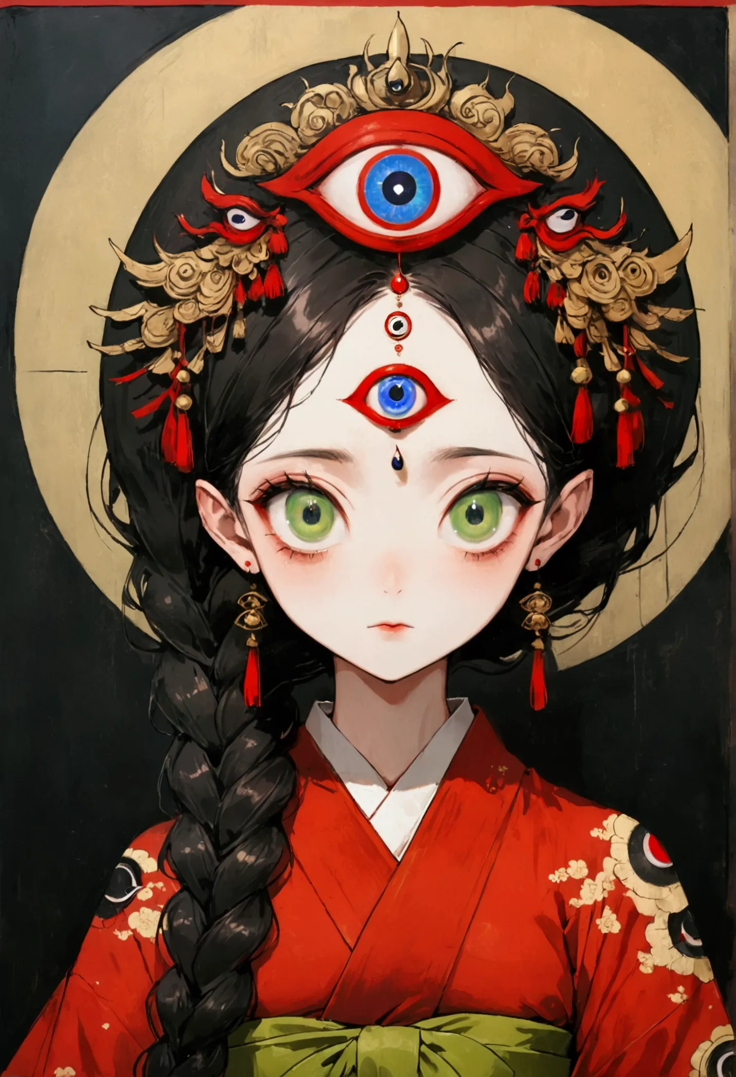 (((1 princess，double braid，独奏，third eye on the forehead，big eyes))),(((gorgeous japanese red kimono：1.6，eye diagram，dark pattern...