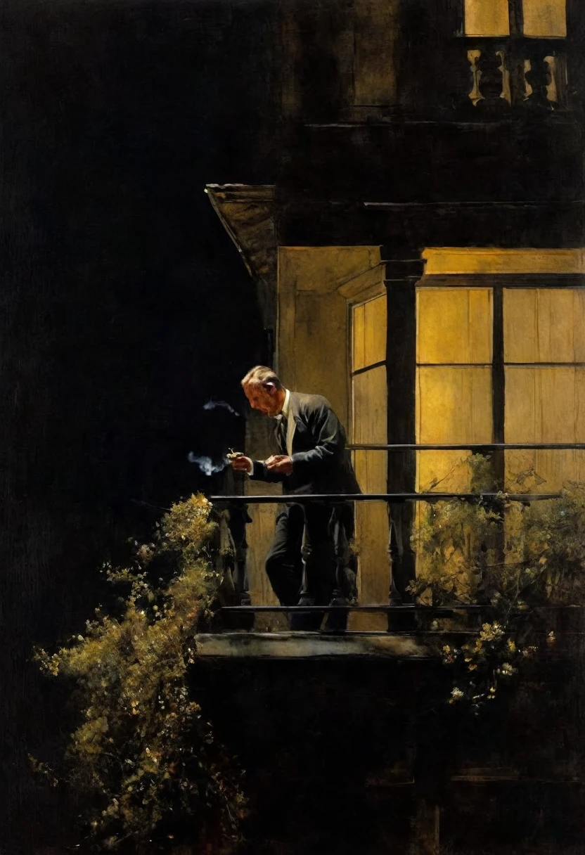 This is Andrew Wyeth - The Art of Andrew Wyeth - with a muted floral palette and a dry brush technique that creates a feeling of calm.(animation. night balcony man smoking on the balcony, masterpiece, retro classic style, dark noir, art, 1 one crescent, night, fabulous background) (minimalism: 1). perfect body anatomy.
