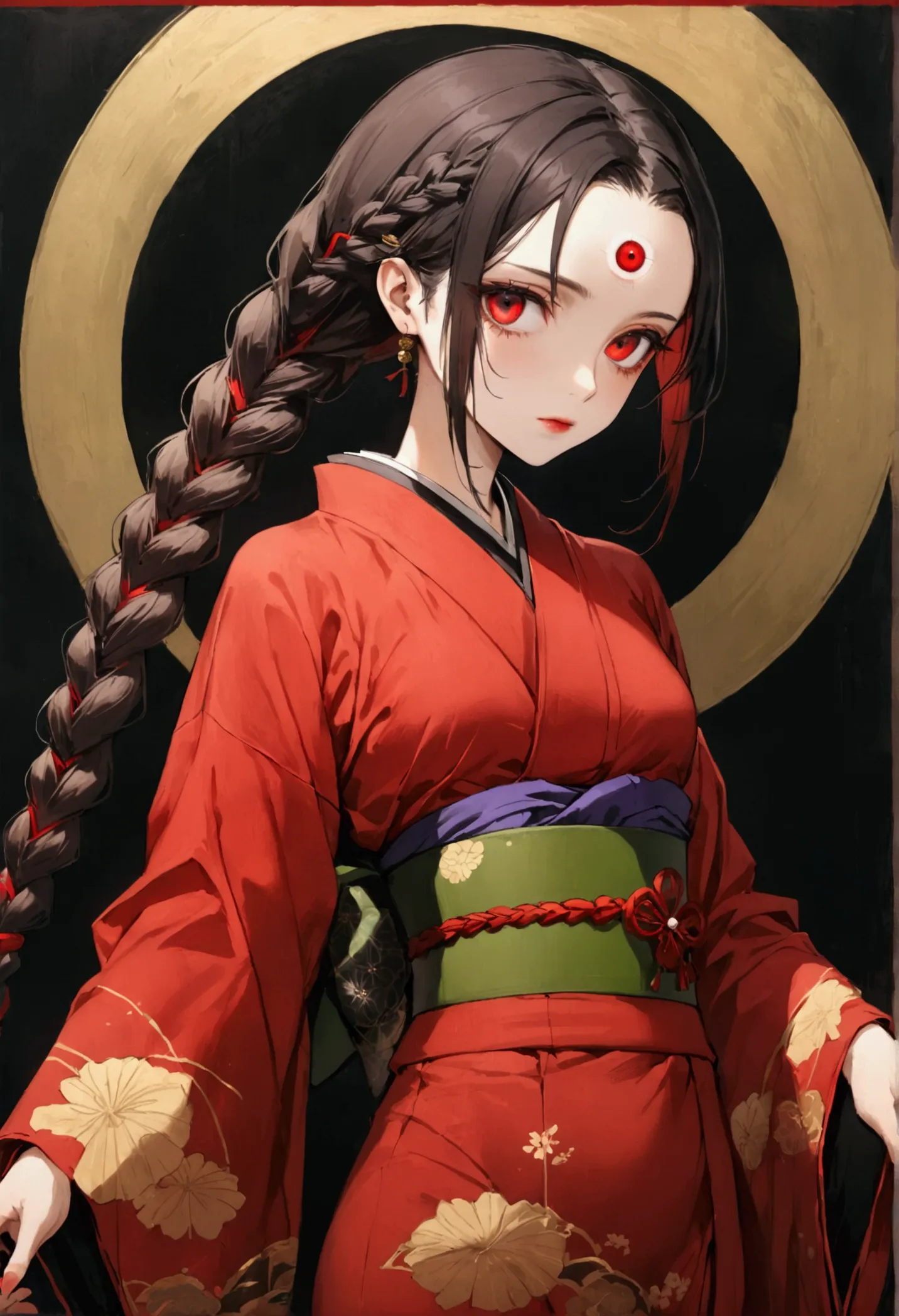 (((1 girl，double braid，solo，third red eye on the forehead，))),(((gorgeous japanese red kimono：1.6，eye diagram，dark pattern))).((...