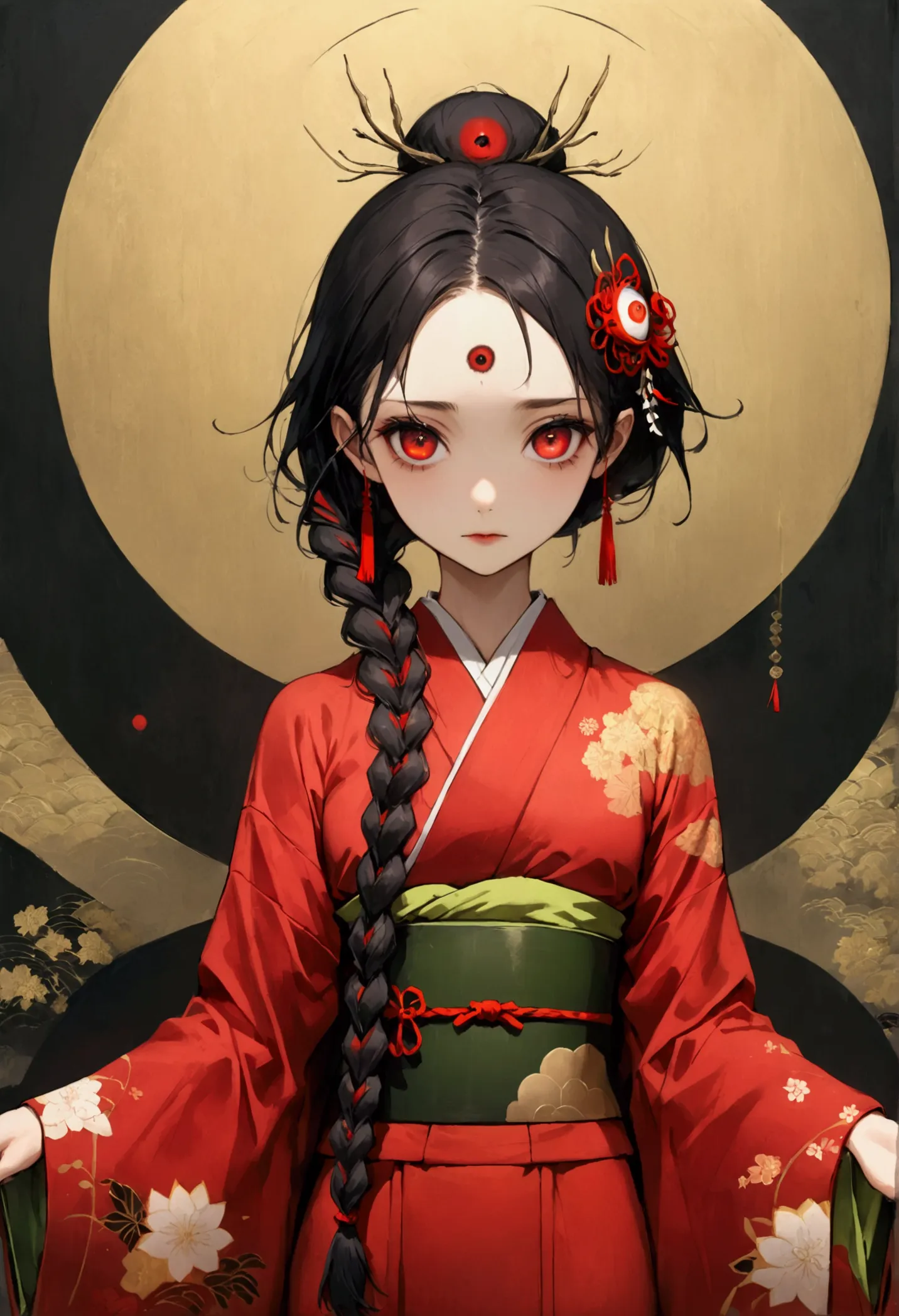 (((1 girl，double braid，solo，third red eye on the forehead，))),(((gorgeous japanese red kimono：1.6，eye diagram，dark pattern))).((...