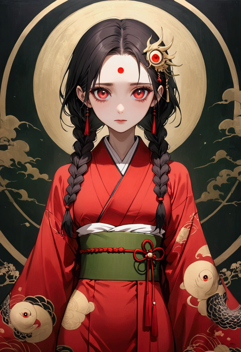 (((1 Girl，Double braid，solo，third red eye on the forehead，))),(((Gorgeous Japanese red kimono：1.6，Eye Diagram，dark pattern))).(((Thin waist，Greenbelt：1.37)))whole body