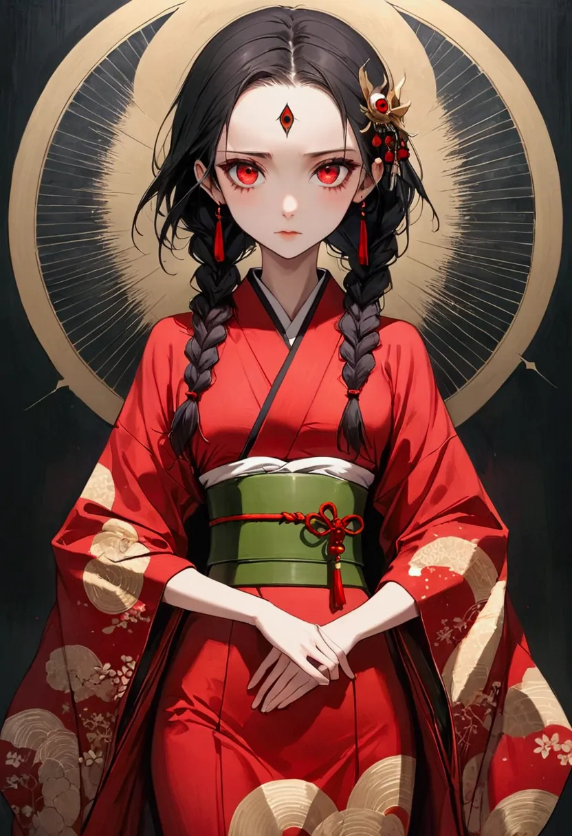 (((1 girl，double braid，solo，third red eye on the forehead，))),(((gorgeous japanese red kimono：1.6，eye diagram，dark pattern))).((...