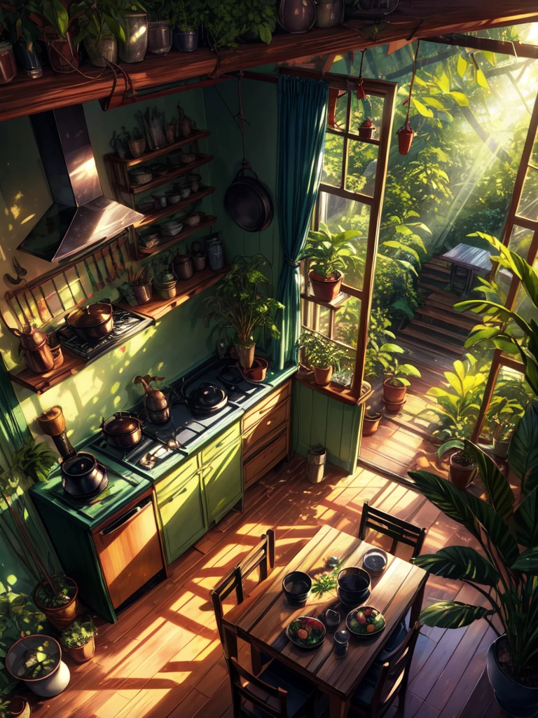 super wide perspective, an indoor view of beautiful indo kitchen, forest visible from window, ghibli anime scene, pots with tropical leafy plants, shelf, organiser, sunrays falling on table, utensils, refrigerator, shadows, cinematic color tones, subtle light, vibrant color tones, ghibli style, no humans, scenery, masterpiece, high resolution 