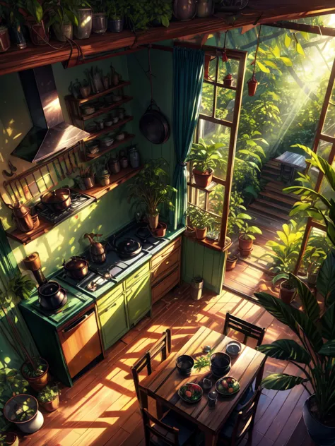 super wide perspective, an indoor view of beautiful indo kitchen, forest visible from window, ghibli anime scene, pots with trop...