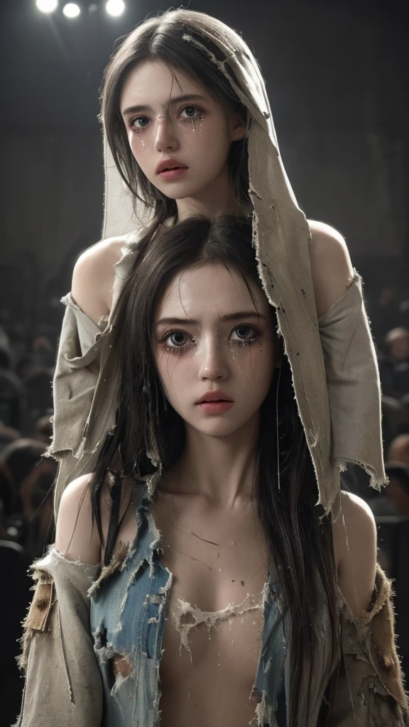 War ruins, (Pale girl), ((In tattered and tattered clothes, Dirty body)), beautiful girl, Highest quality, 8ก, Masterpiece, (Detailed eyes and face), (detailed hands), Professional photography techniques, movie theater lighting, (tears from eyes)