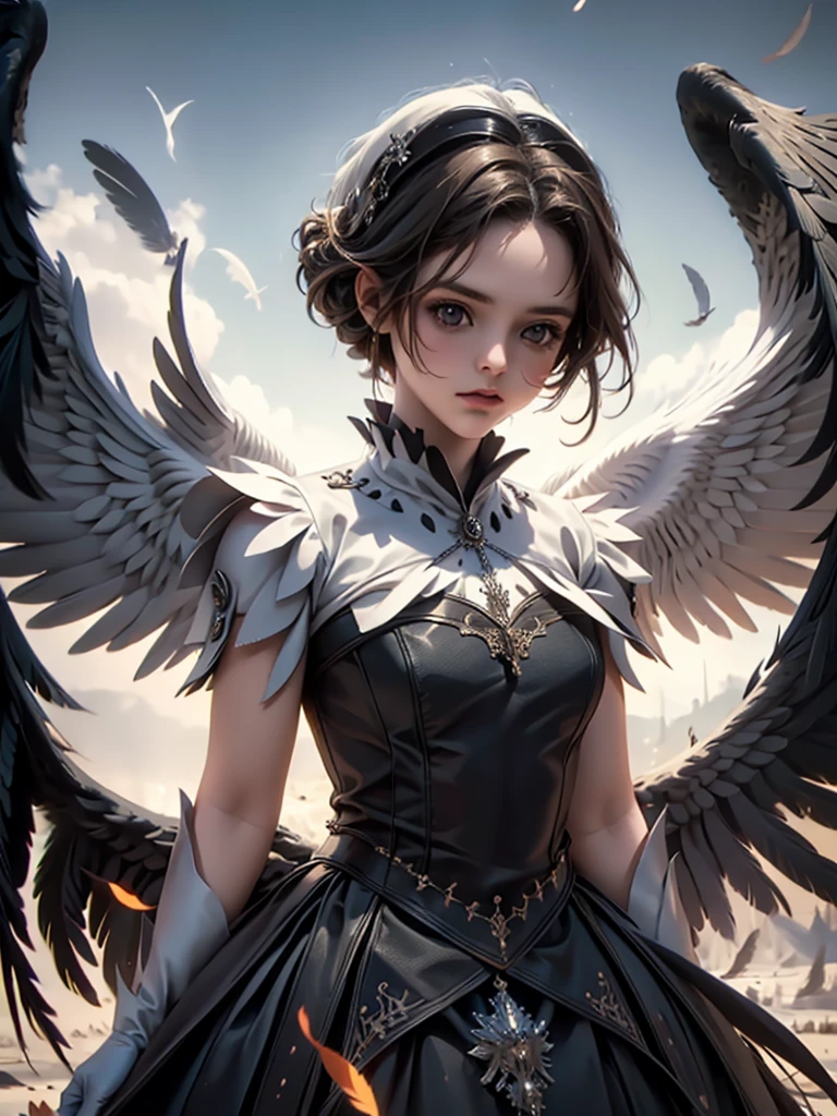 masterpiece, Angel Girl, young，12 years old，Brunette with wings, White dress with feathers, Close-up portrait, Delicate face, Lots of black feathers, silver，Black Wings