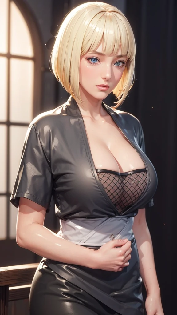 (（（Perfect body,White and tender skin,（（（BLACK KIMONO, CLEAVAGE, VAMBRACES,）））,（（（Samui, Blue eyes, blonde hair, short hair, bangs, blunt bangs,）））,((masterpiece)),high resolution, ((Best quality at best)),masterpiece,quality,Best quality,（（（ Exquisite facial features,Looking at the audience,There is light in the eyes,blush,Happy,lol）））,Look up at the sky，Raise a hand，From below）））,（（（Light and shadow,Huge breasts）））,（（（Looking at the camera,black background,)））),