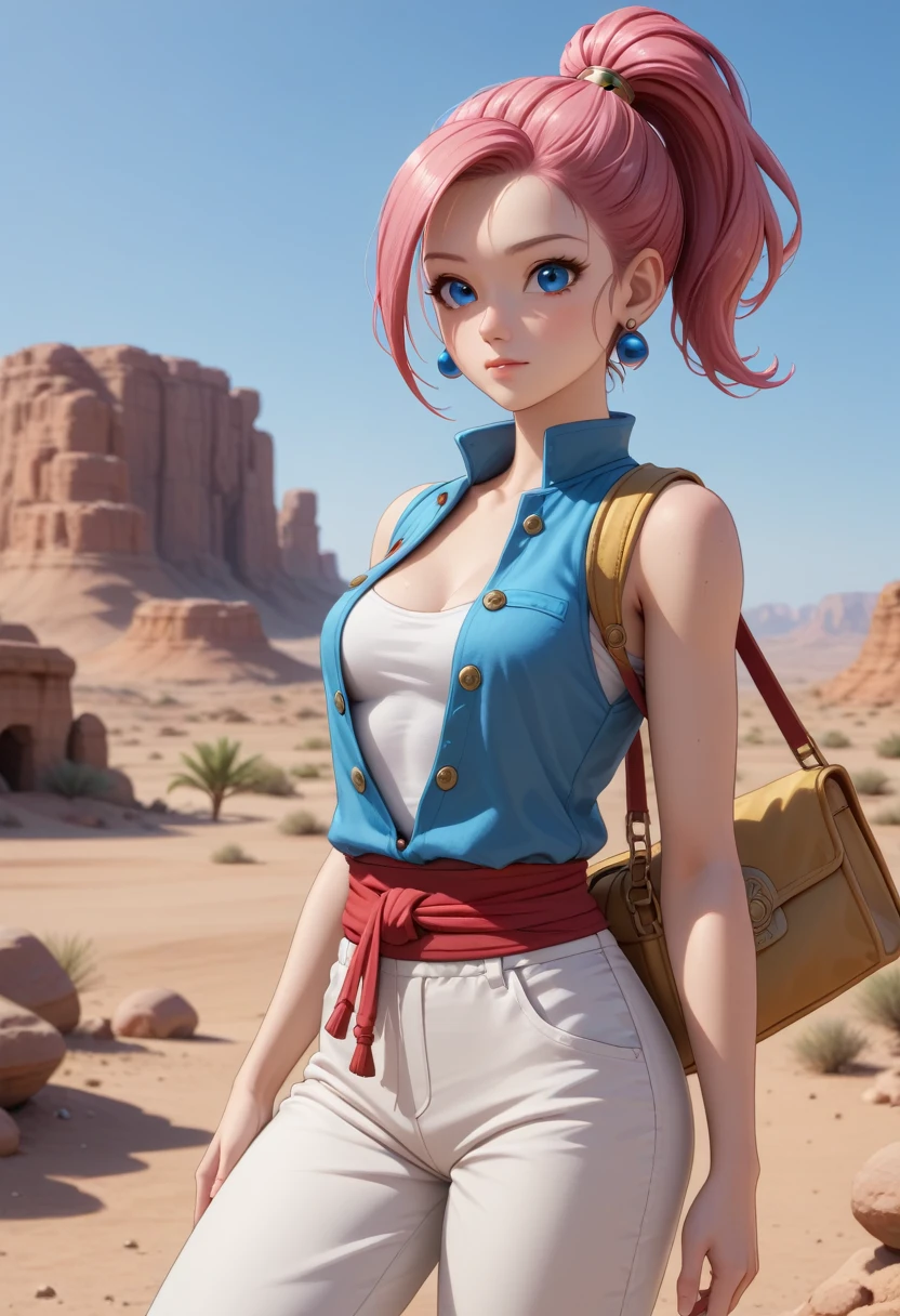 1girl, solo, female merchant, dragon quest 3, blue earrings, sleeveless top, open vest, blue vest, short hair, pink hair, top knot, high ponytail, small breasts, sexy, red sash, white shirt, baggy pants, white pants, bare shoulders, cleavage, desert, yellow shoulder bag, masterpiece quality, intricate detail, 4k resolution, ultra hd