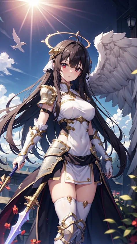 1 girl,Angel wings,Medium breasts,(Sunlight),(Angel),Dynamic Angle,floating,wing,黑色wing，Black Hair，Halo,floating white silk,(Hol...