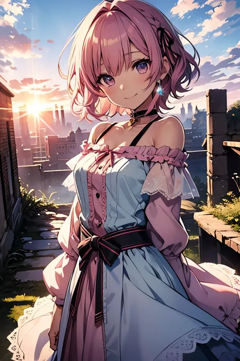 shoko sashinami, valvrave, 1 girl, pink hair, short hair, ブルー eyes, fantasy world, ruins, fort, beautiful sky, shining sky, suns...