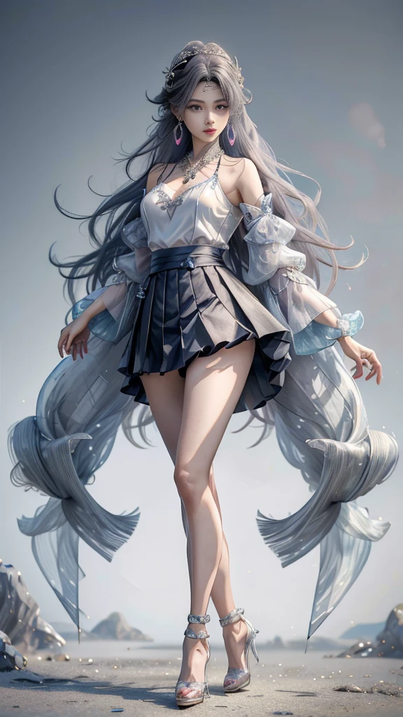 (best qualityer), ((master part)), (high resolution), Original, (Very detailed 8k wallpaper), overexposed, 1girl, (medium tits), (extremely delicate and beautiful), (Beautiful and detailed eye description), (Beautiful and detailed facial depiction), (standing alone), (slender legs, high-heels), behind arms, Rain skirt, Hair accessories, necklase, blue pleated skirt, jewelries, aretes, chinese style architecture, wavyhair, messy hair, long gray hair, , master part, best qualityer, Transparent silk cost, Rosto kawaii, アニメ, Transparent multicolored clothes, (ulzzang-6500:1.2)