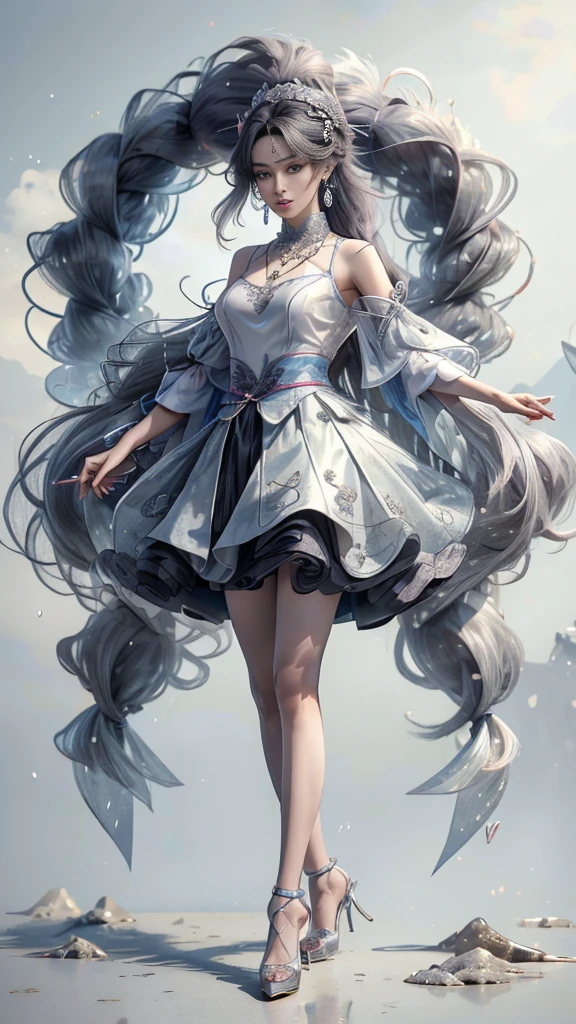 (best qualityer), ((master part)), (high resolution), Original, (Very detailed 8k wallpaper), overexposed, 1girl, (medium tits), (extremely delicate and beautiful), (Beautiful and detailed eye description), (Beautiful and detailed facial depiction), (standing alone), (slender legs, high-heels), behind arms, Rain skirt, Hair accessories, necklase, blue pleated skirt, jewelries, aretes, chinese style architecture, wavyhair, messy hair, long gray hair, , master part, best qualityer, Transparent silk cost, Rosto kawaii, アニメ, Transparent multicolored clothes, (ulzzang-6500:1.2)