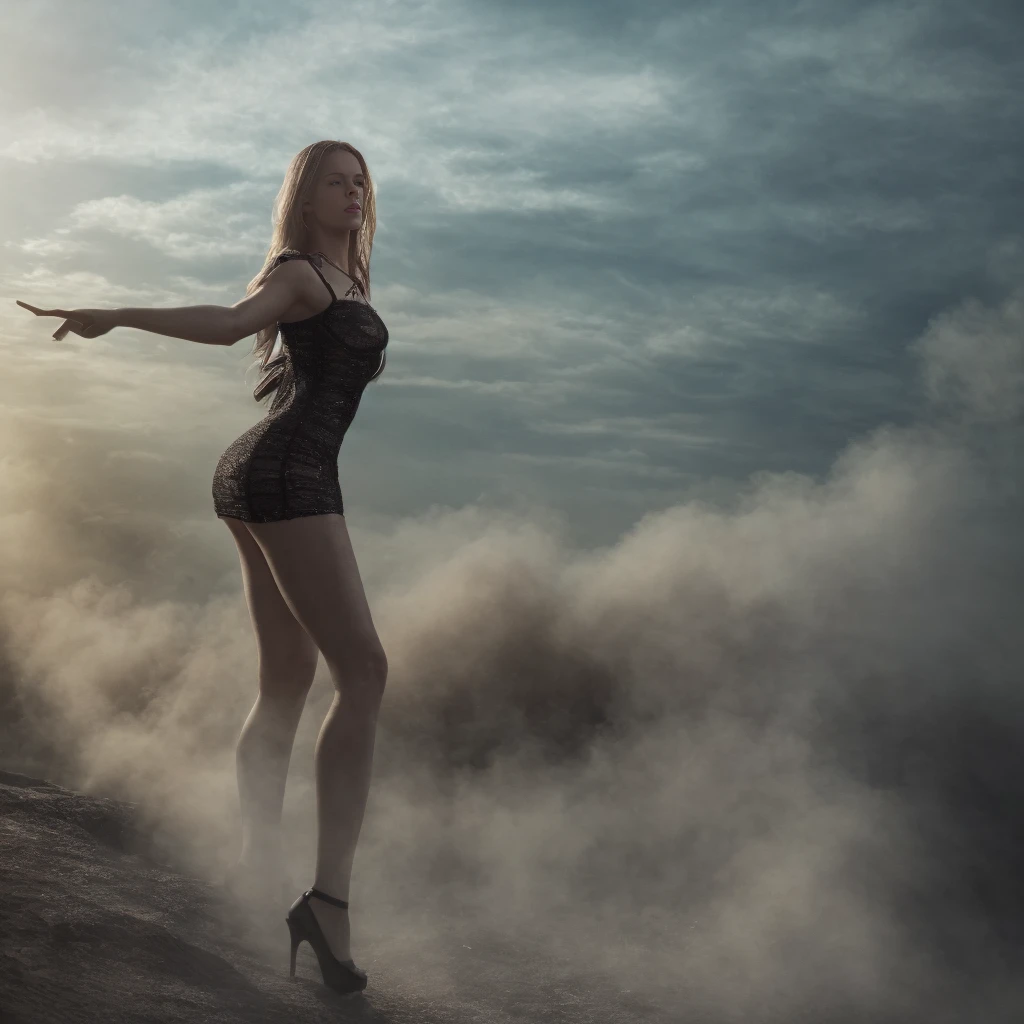 A medieval Goddess warrior fighting in the battlefield, dressed in black, laced dress, torn dress, full body, work of malediction and death, The Great One of the Night of Time, stand up and shout. Dominant pose. Realistic hands. Ball of fire in hand. [The character is surrounded by mist, evoking a mysterious and eerie atmosphere. The lighting is dark and atmospheric, with smoke adding a touch of sinister ambiance. Best quality image, HDR enhancement, showcasing the utmost level of detail and realism, full body shot:1.5]. [8K, Best Quality, Ultra High Resolution, (highly detailed CG unity 8k wallpaper), (best photo), cry, (best shadows), isometric 3D, octane rendering, ray tracing, highly detailed, (Best quality, 4K, 8k:1.2), absurdity, ultra detailed, (realistic, photorealistic, photorealistic:1.37), complex parts, HDR, (complex parts:1.12), (hyper detailed, hyper realistic, Soft lighting, spicy:1.2), (complex parts, Hyper detailed:1.15). Blurred foreground. (backlit), masterpiece, high quality, brightness, chromatic aberration, foggy smoke, shadows, contrast, clear sky, (warm hue, warm tone), high details, natural reflections]. (YES SFW)