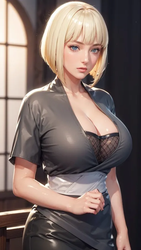 (（（perfect body,white and tender skin,（（（black kimono, cleavage, vambraces,）））,（（（samui, blue eyes, blonde hair, short hair, ban...