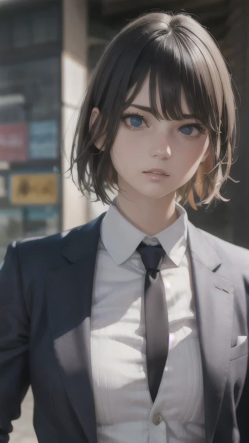 Highest quality, masterpiece, Ultra-high resolution, (Realistic:1.4), RAW Photos,One girl, Multicolored Hair, Brown Hair,short hair,Black Suit,Detailed eyes,Heterochromia iridis,Realistic,Ready your gun?,Fighting figure,Hitman