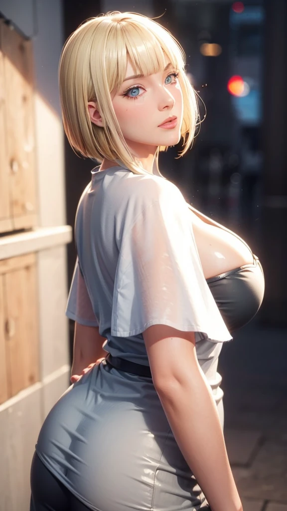 (（（Perfect body,White and tender skin,（（（BLACK KIMONO, CLEAVAGE, VAMBRACES,）））,（（（Samui, Blue eyes, blonde hair, short hair, bangs, blunt bangs,）））,((masterpiece)),high resolution, ((Best quality at best)),masterpiece,quality,Best quality,（（（ Exquisite facial features,Looking at the audience,There is light in the eyes,blush,Happy,lol）））,Look up at the sky，From the back）））,（（（Light and shadow,Huge breasts，Plump buttocks）））,（（（Looking at the camera,black background,)））),