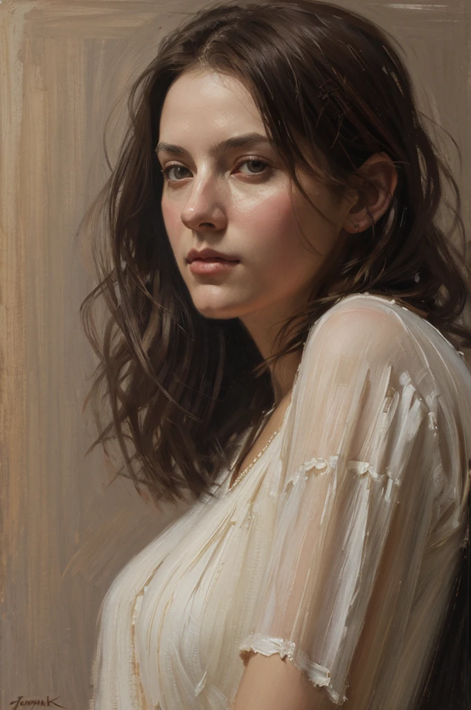 Oil painting of a Mujer hermosa((Mucho contraste de color)) ((mejor obra de arte)) ((Pintura al óleo estilo Nick Alm)) ((Mujer hermosa)).Pelo castaño, moderna, fondo blanco actual, Nick Alm, por Andrea Pozzo, Jeremy Lipking, gama murata jeremy lipking, by Carlo Mense, inspirado en enrique simonet, sargento marshénnikov, por Michael Ford, krenzcushart, Jeremy Lipking toma de cuerpo entero, by Josep Rovira Sole