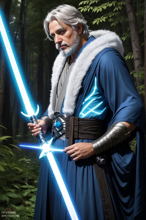 rax valoren "a seasoned jedi master with silver hair and a long, flowing robe stands in a tranquil forest, holding a glowing blu...